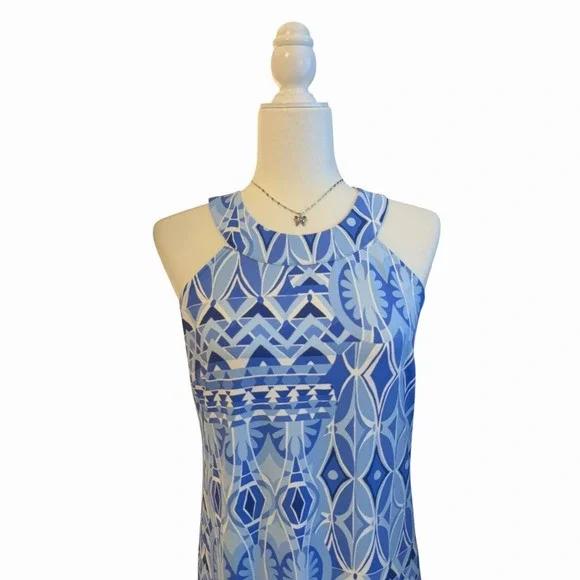 J. McLaughlin Edie Catalina Cloth Blue Biscayne Dress XS Halter Geometric Midi - Picture 3 of 7